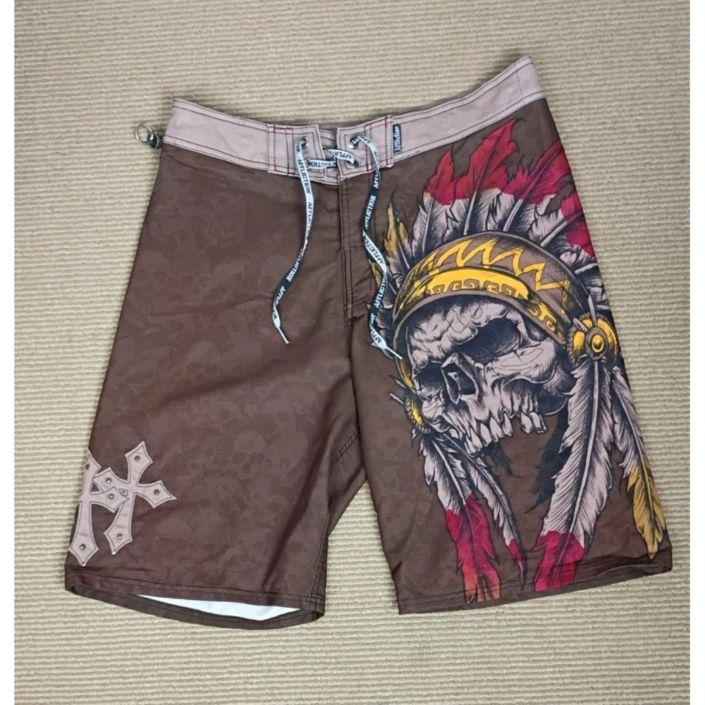 Affliction bermuda Board Shorts Skull Native American Y2K Vtg  Brown Mens Sz 33